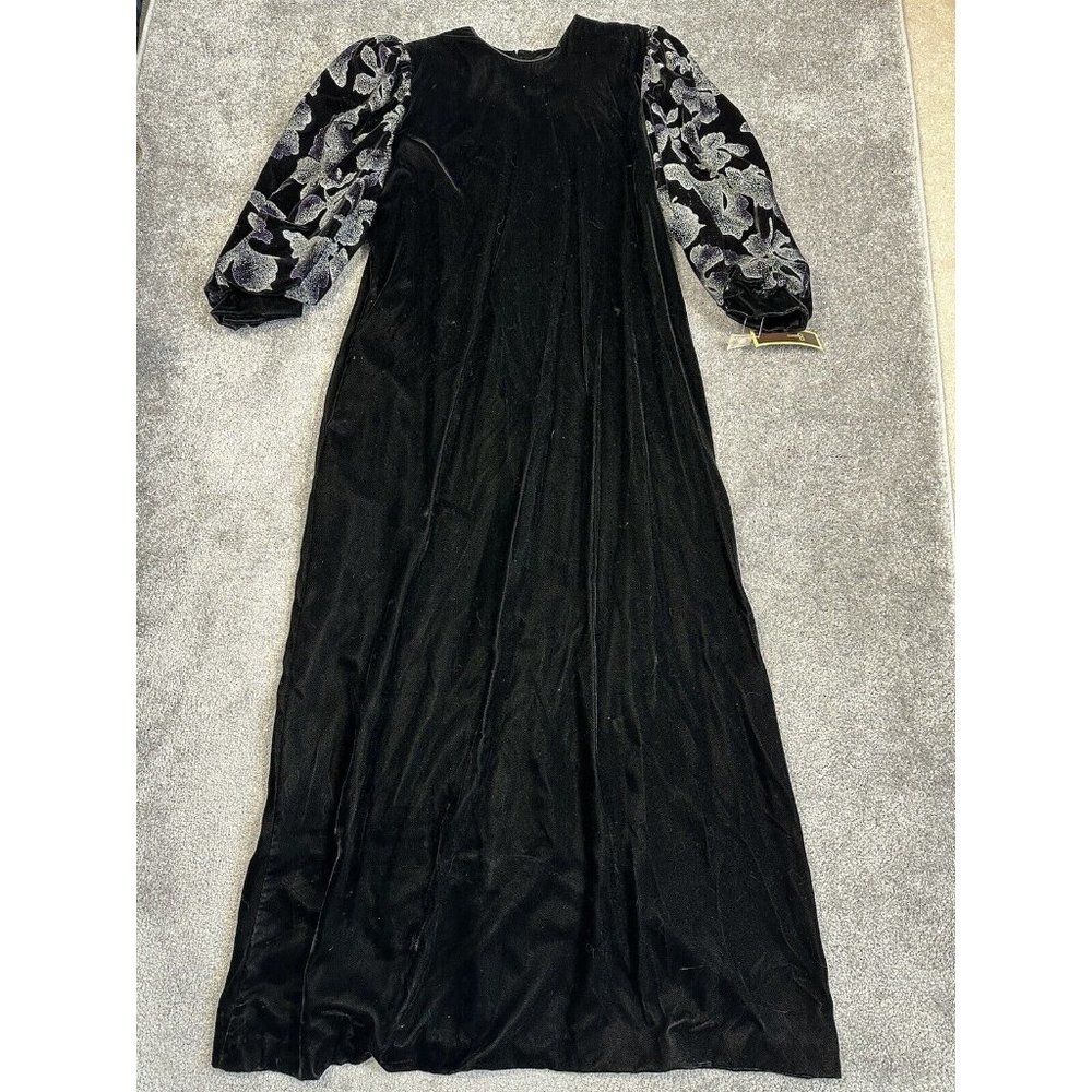 Vtg 80s David Brown Dress Velvet Puff Sleeves Hostess Gown